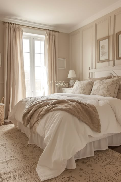 Experience bedroom bliss with these dreamy beige and white bedroom ideas, ideal for creating a tranquil and dream-like atmosphere. Beige And White Bedroom Ideas, Cream And White Bedroom, Neutral Bedroom Decor, Beige Bedroom, Bedroom Bliss, Bedroom Wall Colors, Dreamy Bedrooms, Stylish Bedroom, Bedroom Layouts