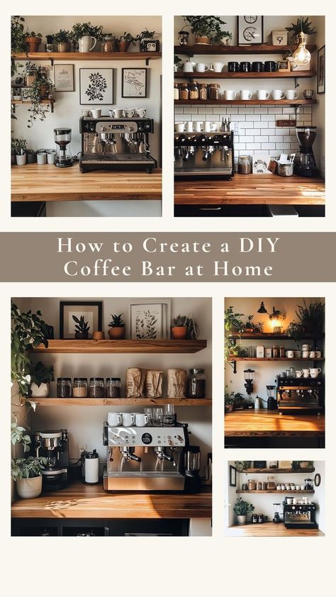 Bring your favorite cafe experience to your home by creating a DIY coffee bar! With a few simple additions, like shelves for mugs and a stylish coffee machine, you can design the perfect space for your morning brew. Add personal touches like framed art, plants, and storage for an organized and cozy vibe. ☕️🛠 #DIYCoffeeBar #HomeCafe #CoffeeLovers #CozyHome How To Set Up A Coffee Bar At Home, At Home Coffee Bar Ideas, Coffee And Tea Bar Ideas, Coffee/wine Bar Ideas, Break Room Ideas, Coffee Bar At Home, Coffee Mug Storage, Homey Touches, Bar At Home