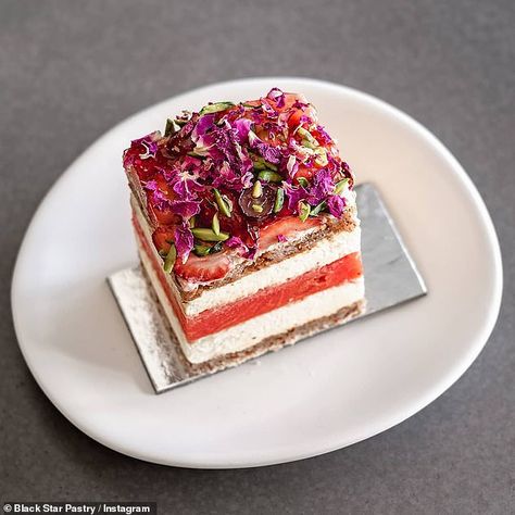 The aesthetically pleasing cake is made with layers of rose-scented cream, almond dacquois... Jaconde Sponge Cake, Cappuccino Dessert, Strawberry Watermelon Cake, Watermelon Cake, Popular Desserts, Gourmet Desserts, Sponge Cake, Yummy Cakes, How To Make Cake