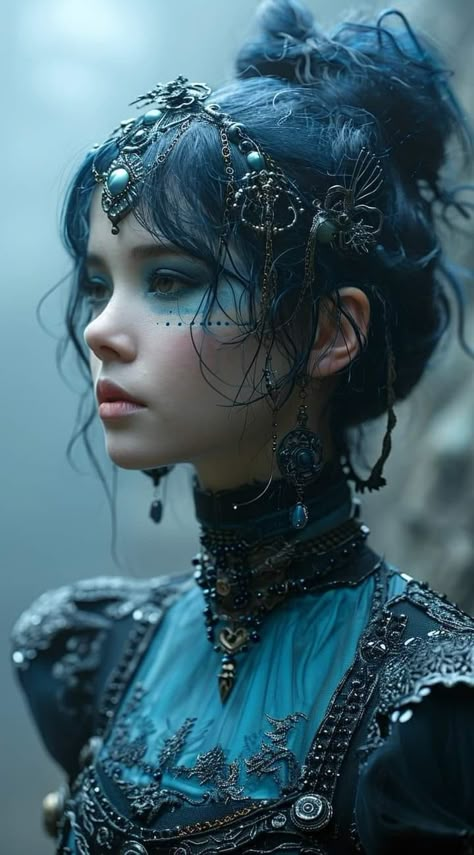 Dark Fairy Hair, Wasteland Halloween, Myth Painting, Water Fae, Dark Fairytale Aesthetic, Ethereal Forest, Dreamy Artwork, Fairy Makeup, Blue Fairy