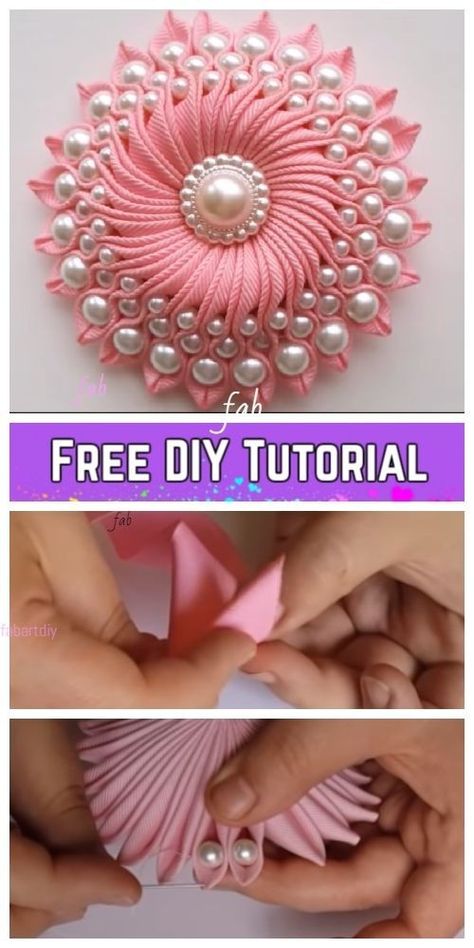 Flower With Beads, Sulaman Pita, Ribbon Flowers Diy, Beads Tutorial, Ribbon Flower Tutorial, Diy Ribbon Flowers, Twisted Ribbons, Diy Flores, Ribbon Embroidery Tutorial