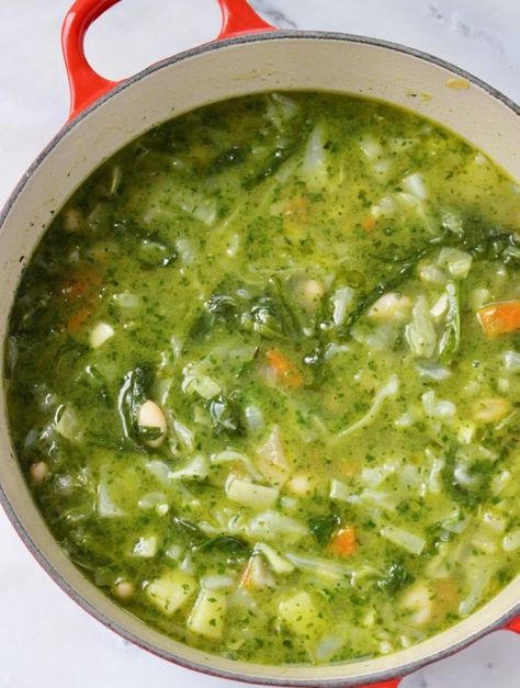 Italian Green Red Pot of Minestrone di Verdure Soup with Pesto, Cabbage and Potatoes Green Minestrone, Recipe With Pesto, Soup With Pesto, Vegetarian Minestrone, Italian Minestrone Soup, Vegetarian Minestrone Soup, Malabar Spinach, Cabbage And Potatoes, Minestrone Soup Recipe