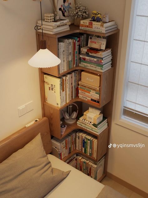 Bookshelves Aesthetic, Bookshelves In Bedroom, Corner Bookshelf, Room Aesthetics, Cozy Room Decor, Apartment Decor Inspiration, Room Makeover Inspiration, Room Stuff, Future Apartment