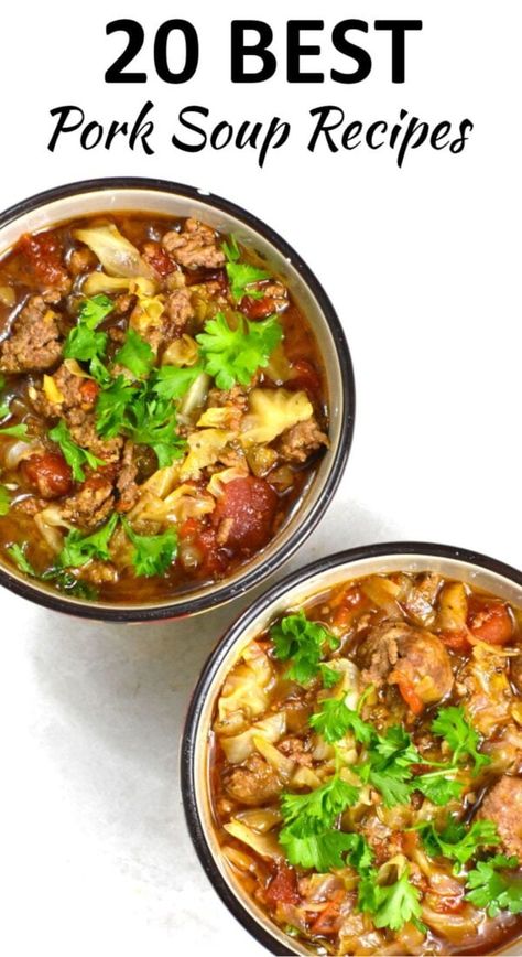 pork soup recipes pin Pork And Vegetable Soup, Bbq Pork Soup Recipes, Soup Ground Pork, Pork Based Soup, Soup With Leftover Pork Roast, Soup With Pork Chops, Smoked Pork Soup, Pork Roast Soup Recipes, Pork Belly Soup Recipes