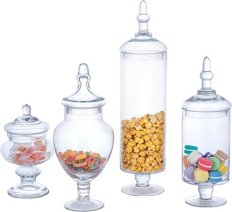 Amazon.com: MyGift 4 Piece Set Clear Glass Apothecary Jars with Lids, Bathroom Decor, Candy Buffet, Wedding Centerpiece Decorative Jar : Home & Kitchen Apothecary Wedding, Bling Candles, Buffet Wedding, Jar Display, Candy Buffet Wedding, Crushed Diamonds, Jars With Lids, Glass Apothecary Jars, Glass Canisters