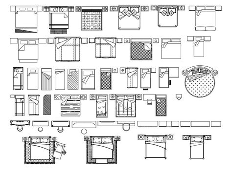 Bed blocks AutoCAD File Blueprint Symbols, Autocad Layout, Bed Top View, Bed Blocks, Autocad Free, Floor Plan Symbols, Cool Art Style, Block Plan, Sketchup Free