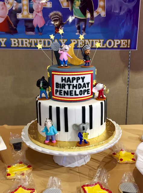 Disney's Sing the movie  cake and sugar cookies Sing 2 Birthday Cake Ideas, Sing 2 Birthday Cakes, Sing 2 Cakes, Sing Movie Birthday Cake, Sing Movie Cake Ideas, Sing Themed Birthday Cake, Sing 2 Birthday Party Cake, Sing The Movie Birthday Party Ideas, Sing Movie Birthday Party