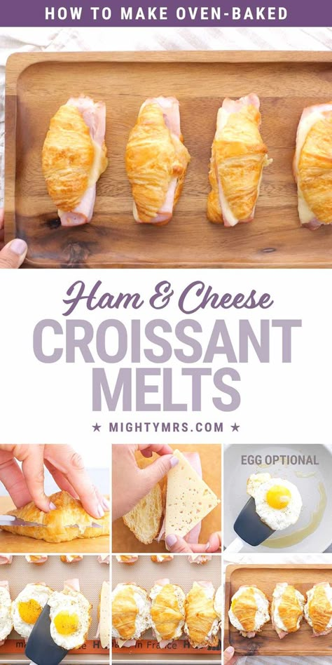 Baked Ham and Cheese Croissant Breakfast Sandwiches Crossaint Breakfast Sandwiches, Baked Ham And Cheese Croissants, Easter Foods Ideas, Croissant Breakfast Sandwiches, Ham And Cheese Croissants, Spicy Grilled Cheese, Instant Pot French Dip, Brunch For A Crowd, Beef And Cheddar