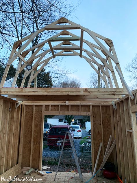 12x20 Shed with Gambrel/Mansard Roof | HowToSpecialist - How to Build, Step by Step DIY Plans Gambrel Roof Interior, 10 X 12 Shed Plans, Gambrel Roof Trusses, 12x20 Shed, Shed Exterior Ideas, 10x20 Shed, Diy Sheds, Gambrel Barn, Gambrel Style