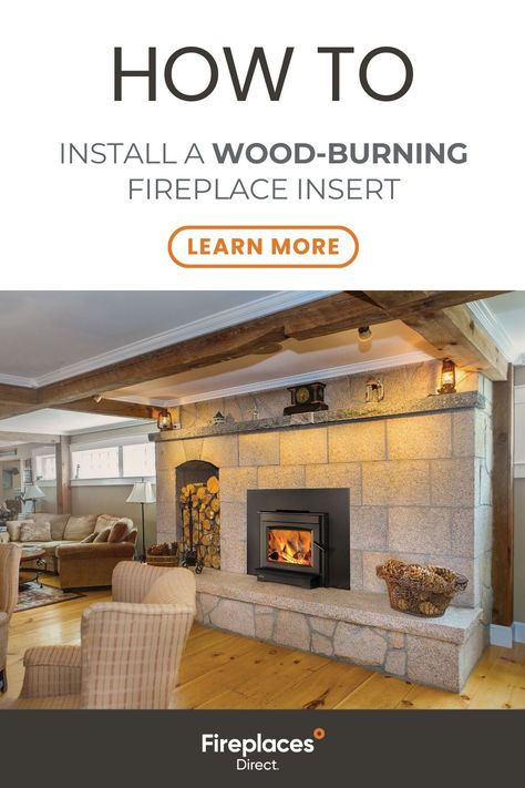 Living Room With Wood-Burning Fireplace Insert Installing A Wood Burning Fireplace, How To Build A Fireplace Wood Burning, Fireplace Inserts Wood Burning, Wood Fireplace Insert, Wood Burning Fireplace Insert, Fireplace Wood Burning, Wood Fireplace Inserts, Installing A Fireplace, Wood Burning Insert