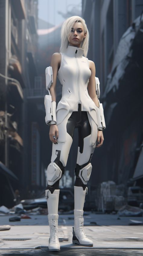 Halloween Costumes Cyberpunk, Anime Scifi Outfit, Techwear Illustration, White Warrior Outfit, Robotic Outfit, Sci Fi Outfits Female, Android Outfit, Android Costume, Scifi Warrior