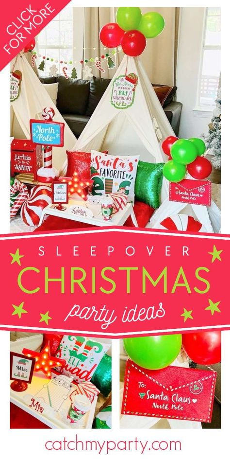 Check out this fun Elf on the Shelf sleepover! The party decorations are so cute! See more party ideas and share yours at CatchMyParty.com Christmas Eve Sleepover Ideas, Sleepover Ideas Decorations, Kids Christmas Sleepover Ideas, Christmas Themed Sleepover Ideas, Elf Sleepover Ideas, Christmas Slumber Party Ideas For Kids, Christmas Sleepover Ideas For Kids, Elf Sleepover, Elf On The Shelf Sleepover