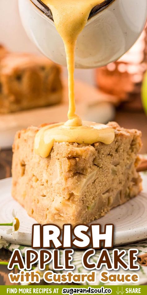 This Irish Apple Cake recipe is made with just the right amount of spice and is loaded with chunks of fresh apples. Top it off with a heavenly 4-ingredient vanilla custard sauce to make it an unforgettable dessert, breakfast, or snack cake.  via @sugarandsoulco Irish Apple Cake, Irish Desserts, Custard Sauce, Recipes Authentic, Irish Soda, Recipes Appetizers, Soda Bread, Irish Recipes, Apple Desserts