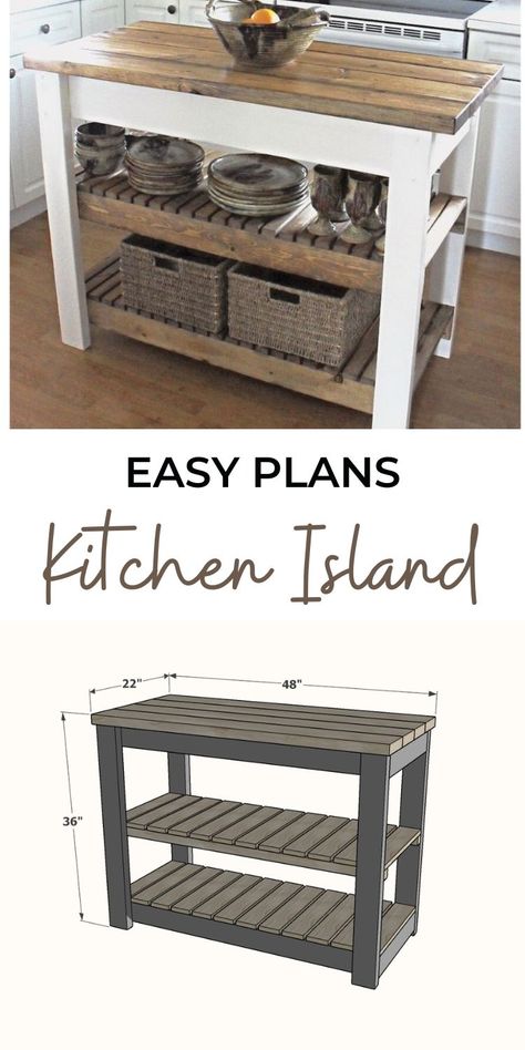 Easy Kitchen Island, Kitchen Island On Wheels, Diy Kitchen Projects, Kitchen Island Plans, Rustic Kitchen Island, Rolling Kitchen Island, Small Kitchen Island, Solid Wood Kitchens, Farmhouse Kitchen Island