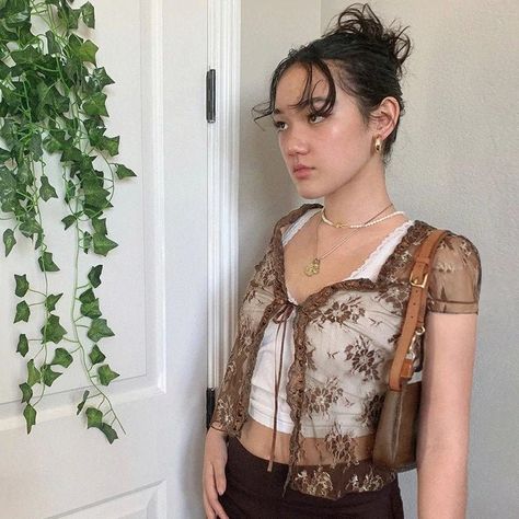 Floral Mesh Top, Sheer Mesh Top, Brown Crop Top, Tie Design, Aesthetic Shirts, Korean Aesthetic, Top Streetwear, Preppy Aesthetic, Brown Vintage