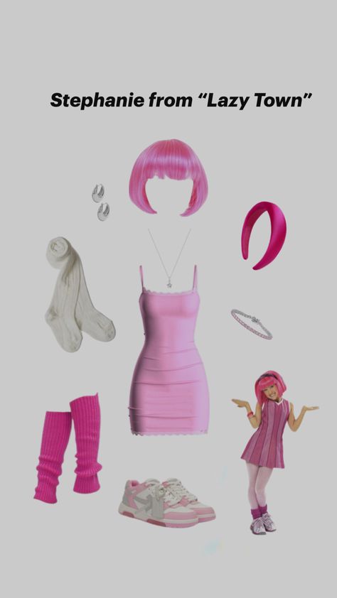 Pink dress, pink wig, Halloween costume, white sneakers, pink leg warmers, white tights Lazy Town Stephanie Costume, Pink Coquette Outfit, Lazy Halloween Costumes, Town Outfits, Lazy Halloween, Lazy Town, Trio Halloween Costumes, Coquette Outfit, Halloween Coustumes