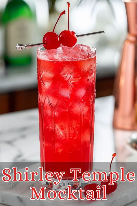 The Shirley Temple Mocktail is a classic non-alcoholic drink made with grenadine, lime juice, and topped with ginger ale. It’s a sweet and tangy beverage, often garnished with a maraschino cherry and a slice of lime for added flair. Non Alcoholic Drinks With Ginger Ale, Alcoholic Drinks With Ginger Ale, Alcoholic Shirley Temple, Shirley Temple Mocktail, Shirley Temple Drink, Refreshing Mocktail, Cherry Drink, Drink Recipes Nonalcoholic, Slice Of Lime