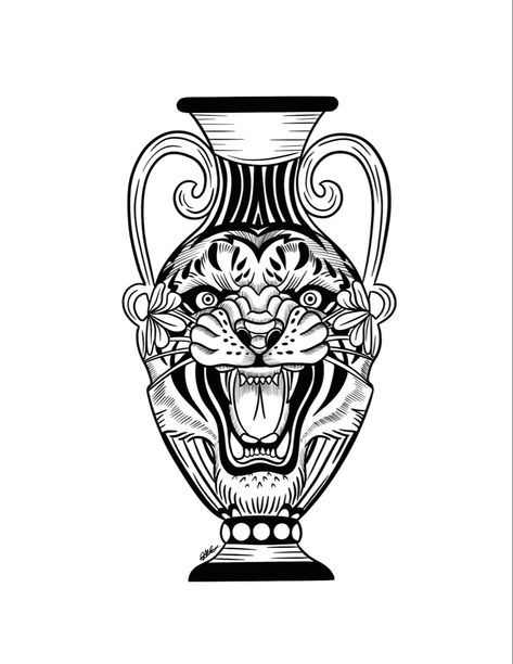 Tiger Vase Tattoo, Traditional Tattoo Vase, Tattoo New School, Chest And Back Tattoo, Gap Filler Tattoo, Vase Tattoo, Scrimshaw Art, Minimalist Tattoo Ideas, Nouveau Tattoo