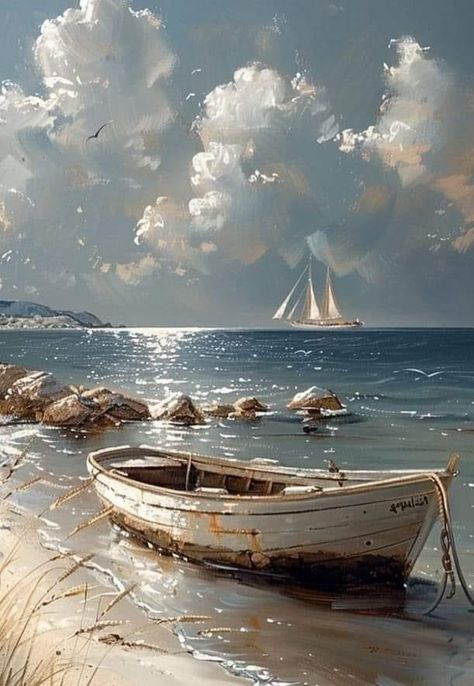 Ocean Art Painting, Nautical Artwork, Beach Art Painting, Boat Art, Boat Painting, Landscape Art Painting, Nature Art Painting, Beach Painting, Art Inspiration Painting