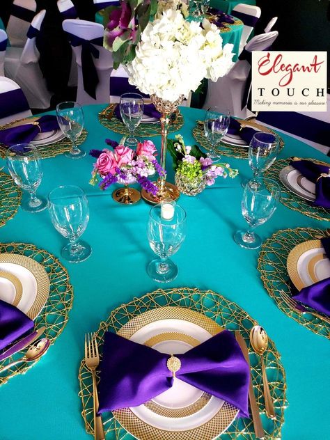 Under The Sea Quinceanera Theme, Dinner Party Decorations Table, Purple Turquoise Wedding, Orange Wedding Decorations, Turquoise Party, Teal Table, 10th Anniversary Party, Mardi Gras Party Decorations, Purple Birthday Party