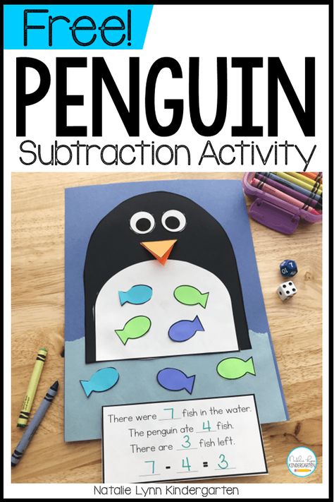 Subtraction Craft 1st Grade, Addition Art Activities, Penguin Math Activities, Penguin Lessons For Kindergarten, Penguin Writing Kindergarten, Addition Crafts For Kindergarten, Addition In Kindergarten, Teaching Subtraction Kindergarten, Winter Math Crafts Kindergarten