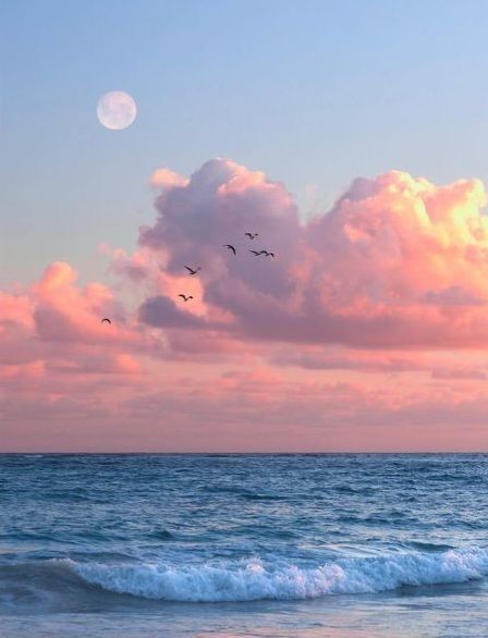 Seascape Photography Beach, Moon Over Ocean, Cloud Painting Acrylic, Drawing Sunset, Beach Sunset Painting, Pink Skies, Sky Art Painting, Seascape Photography, Ocean Landscape