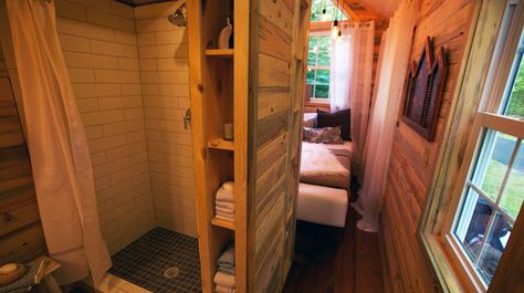 THE BASKETBALL HOUSE (276 SQ FT) Tiny House Bus, House Bus, Small Bathroom Storage Solutions, Tiny House Storage, Bus Living, House Pictures, Tiny House Nation, Bathroom Storage Solutions, Tiny House Inspiration