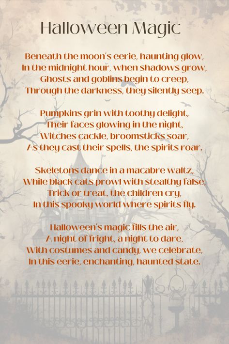 Halloween Printable Poems Halloween Poems For Adults, Horror Poems, Spooky Poems, Halloween Poems For Kids, Ghost Poems, Halloween Poetry, Pumpkin Poem, Halloween Sayings, Seasons Poem