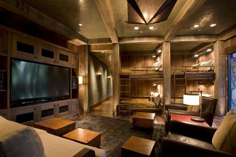 bunks in movie room. Just a neat idea Rustic Bunk Beds, Bunk Room Ideas, Sleepover Room, Bunk Bed Rooms, Bunk Beds Built In, Built In Bunks, Bunk Rooms, Colorado Mountain, Bunk Room