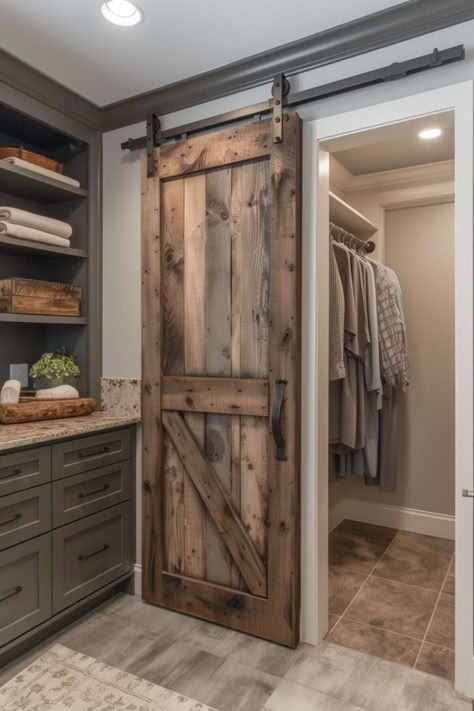 30 Rustic Barn Door Closet Ideas for a Charming Home Walk In Closet With Barn Doors, Barn Doors Chevron, Rustic Home Remodel, Small Country Home Decor, Log Cabin Interior Doors, Barn Sliding Doors In The House, Farm Door Ideas, Barn Door Designs Ideas, Rustic Closet Doors