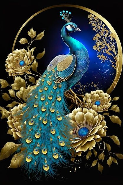 Photo beautiful blue bird peacock golden... | Premium Photo #Freepik #photo #peacock #peacock-background #luxury-floral #bird-flower Peacock Background Wallpapers, Real Peacock Images, Peacock Images Beautiful, Peacock Drawing Images, Peacock Background, Peacock Illustration, Bild Gold, Peacock Artwork, Abstract Peacock