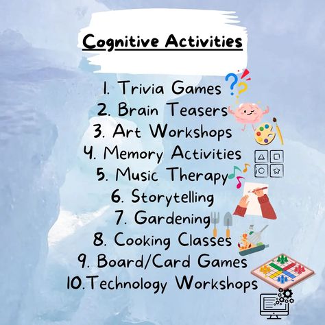 1. **Trivia Challenges:** Organize trivia games covering a wide range of topics like history, music, movies, and science to stimulate memory and knowledge recall. 2. **Brain Teasers and Puzzles:** Provide crossword puzzles, Sudoku, and other brain teasers to promote problem-solving skills and logical thinking. 3. **Art and Craft Workshops:** Offer painting, pottery, or crafting sessions where seniors can express themselves creatively, enhancing their cognitive and motor skills. 4. **Memory... Recreational Therapy, Memory Activities, Cognitive Activities, Painting Pottery, Recreation Therapy, Senior Activities, Crossword Puzzles, Logical Thinking, Music Therapy