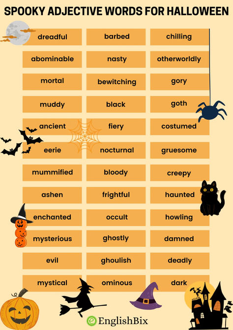 Halloween is an annual holiday observed in many countries on 31 October, the eve of the Western Christian feast of All Hallows’ Day. Here we list commonly used spooky adjective words to describe Halloween and give you chills. Halloween Adjectives, Vocabulary Words For Kids, Common Adjectives, Memory Care Activities, Scary Words, List Of Adjectives, Adjective Words, Halloween Vocabulary, 31 October