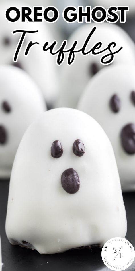 Oreo Ghost Truffles on black plate Food To Bring To A Halloween Party, Fall Oreo Balls, Ghost Oreos, Halloween Oreo Truffles, Pumpkin Oreo Truffles, Oreo Balls Halloween Treats, Ghost Food Ideas, Halloween Ghost Desserts, October Baking Ideas