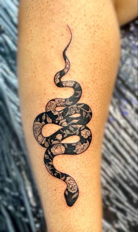 Day And Night Snake Tattoo, Unique Snake Tattoo Design, Ball Python Tattoo With Flowers, Cover Up Snake Tattoo, Ethereal Snake Tattoo, Floral Snake Hip Tattoo, Snake Tattoo Large, Patterned Snake Tattoo, Negative Space Snake Tattoo