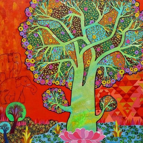 A unique artwork designed with great passion and creativity. This is perfect for both home and workplace which will give an elegant look with added beauty. Lakshmi Painting, Kalpavriksha Tree, Maha Lakshmi, Modern Indian Art, Doodling Art, Indian Art Gallery, Sacred Tree, Positive Art, Figurative Artwork