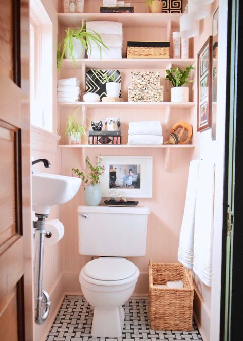 Blush Walls Bathroom, Powder Room Reno, Pink Powder Room, Cloakroom Ideas, Bold Paint Colors, White Marble Floor, Dark Wood Cabinets, Living Room Redo, Pink Powder