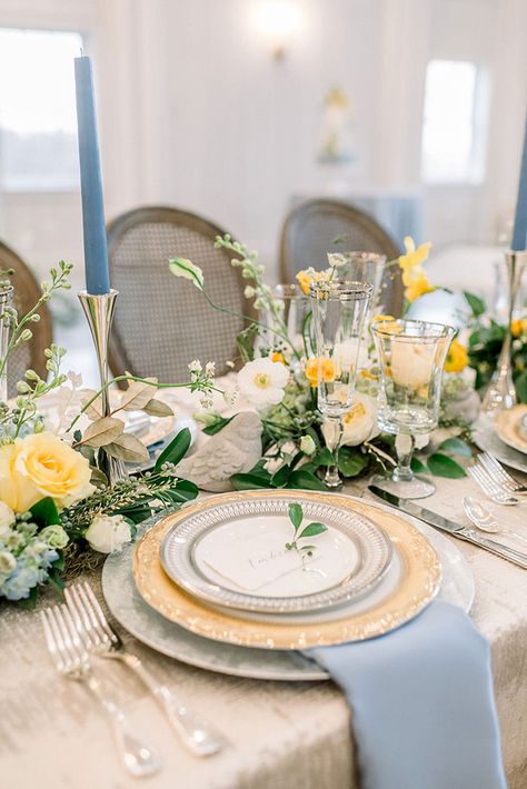 Yellow and Blue French Country Wedding Reception Style Pale Yellow Weddings, Blue Yellow Weddings, Yellow Wedding Decorations, Blue Taper Candles, Lavender Cocktail, French Country Wedding, Yellow Wedding Theme, Wedding Decoration Ideas, Modern French Country