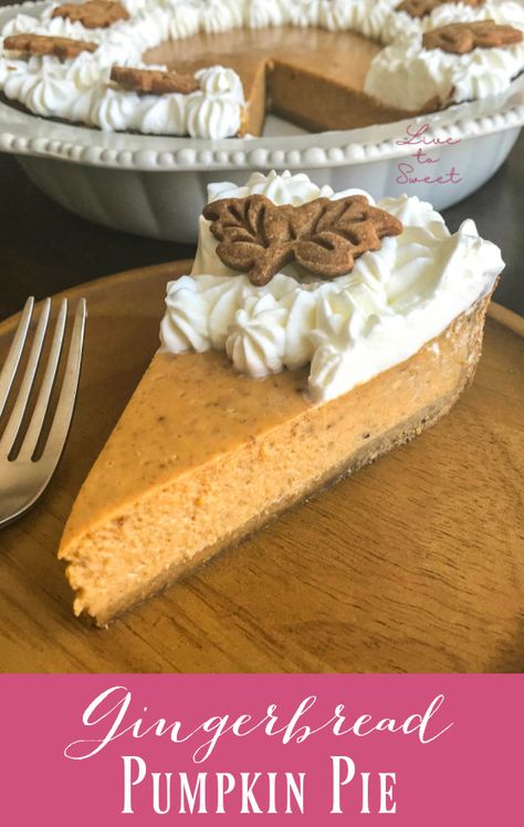 A traditional pumpkin filling inside a spiced gingerbread crust, topped with fresh whipped cream. Pumpkin Pie Gingerbread Crust, Gingerbread Crust Pie, Ginger Pie Crust, Gingerbread Pumpkin Pie, Topping For Pumpkin Pie, Ginger Pumpkin Pie, Ginger Cookie Pie Crust, Gingerbread Crust Pumpkin Pie, Pumpkin Pie With Gingerbread Crust