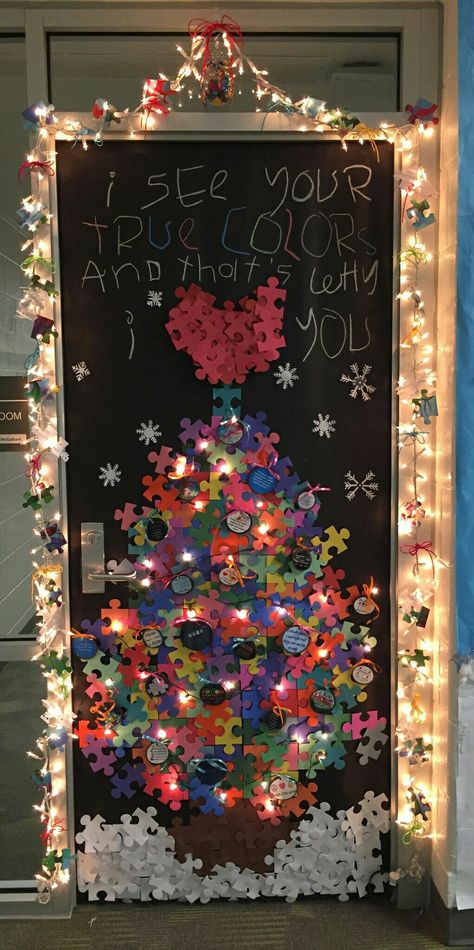 Social Work Christmas Door, Winning Christmas Door Decorations, Decorate Classroom Door For Christmas, Special Education Door Decorations, Wrapping Paper Door Decoration, Special Ed Door Decoration, Holiday Door Decorating Contest Schools, Winter Door Decorating Contest, Interactive Christmas Door Decorations