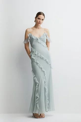 Sage Chiffon Bridesmaid Dresses, Ruffle Formal Dresses, Off The Shoulder Bridesmaids Dress, Mist Dress Bridesmaid, Bridesmaid Dress With Ruffles, Ruffle Bridesmaids Dresses, Avant Garde Bridesmaid Dresses, Maxi Dress Ruffle, Sage Ruffle Dress