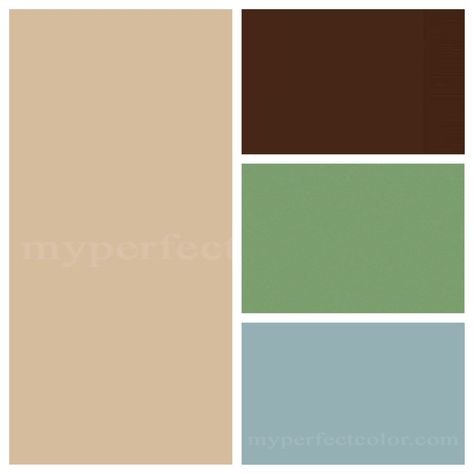 { Woodland Color Scheme } have a background in the blue or green with the subject wearing khakis with a brown and blue shirt with green background or vise versa Blue Green Khaki Color Palette, Brown And Green Color Scheme, Brown Green Beige Color Scheme, Mint Green Brown Color Palette, Blue Green Beige Color Palette, Color Palette Green Blue Brown, Dark Brown Couch, American Style Kitchen, Dark Brown Furniture