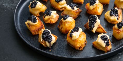 Roast Potatoes with White Miso Mayonnaise and Caviar Recipe - Great British Chefs Starters Recipes Christmas, Canape Ideas, Easy Canapes, Scotch Eggs Recipe, Christmas Canapes, Nibbles For Party, Canapes Recipes, Caviar Recipes, Great British Chefs