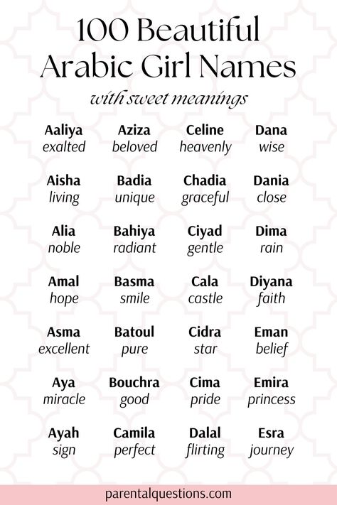 Looking for the perfect modern Arabic baby girl names with meaning? We’re sharing our list of the 100 best unique Muslim girl names and explaining the meanings behind them. Our Arabic baby girl name list includes unique, cute, and Muslim Arabic girl names. Click through for the full Islamic girl name list. Arabic Girl Names, Girl Name List, Islamic Names With Meaning, Classic Baby Boy Names, Muslim Baby Girl Names, Islamic Baby Names, Arabic Girl, Arabic Baby Girl Names