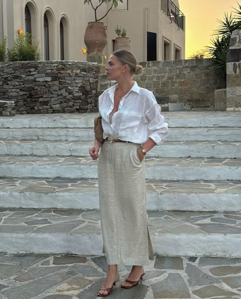 White Linen Shirt Outfit, Linen Skirt Outfit, Linen Shirt Outfit, Midi Skirt Outfit, White Linen Shirt, Maxi Skirt Outfits, Beige Outfit, Effortlessly Chic Outfits, White Button Down Shirt