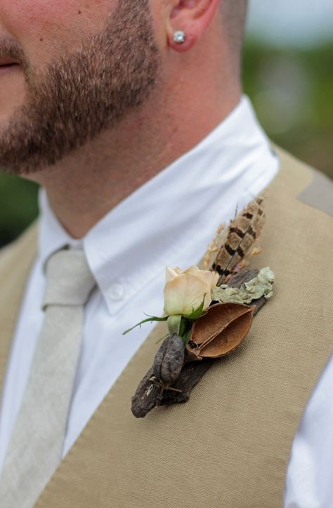 Woodsy boutonniere featuring bark, pods, pheasant feather and a rose. Orchid Boutonniere, Peach Bouquet, Peruvian Lilies, Button Holes Wedding, Pheasant Feather, Asiatic Lilies, Cymbidium Orchids, Pheasant Feathers, Fall Wedding Flowers