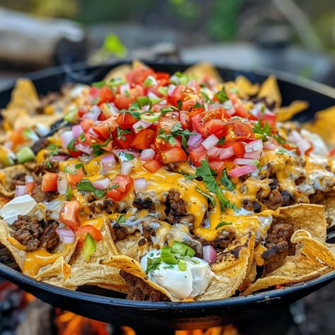 Camping Recipes Easy Dinner, Campfire Nachos Cast Iron Skillet, Food To Cook Over Bonfire, Campfire Meal Prep, Camp Nachos Recipe, Woofums Recipes, Campfire Supper Ideas, One Pan Campfire Meals, Campfire Snacks For Adults