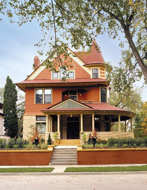 Kenwood Queen Anne Remodel | David Heide Design Studio Victorian Country House Exterior, Orange Victorian House, Orange House Exterior, Queen Anne House Plans, Victorian Home Exterior, Victorian Homes Exterior, Queen Anne House, Victorian Exterior, House Vibes