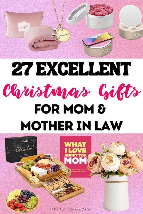 27 excellent Christmas gifts for mom and mother in law featuring preserved roses that last a year in a box, personalized name and birthstone necklace, 2 in 1 travel pillow and blanket, 6 in 1 Wireless Phone Charger, Alarm Clock, Mirror, Bluetooth Speaker, Night Light, Phone Holder, cheese board, what I love about you mom fill-in by you book, beautiful centerpiece artificial peonies in a vase and more gifts for mother in law and mom in the gift guide on mindfulnessinspo.com Gifts For Mothers Christmas, Mother In Law Gifts For Christmas, Mil Christmas Gift Ideas, Meaningful Christmas Gifts For Mom, Christmas For Mother In Law, Christmas Gifts For Inlaws, Christmas Gifts For Mom From Daughter To Buy, Cute Christmas Gifts For Mom, Christmas Gifts For Mom 2022