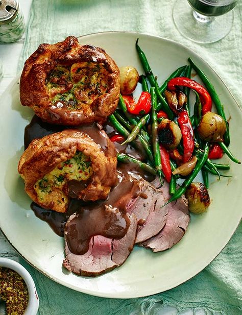 This roast beef dish packs a punch in the form of chilli & coriander Yorkshires! Sunday Roasts, Roast Dinner Recipes, Glazed Vegetables, Sunday Lunches, Yorkshire Puddings, British Recipes, Sunday Dinners, Roast Beef Recipes, Cooking Advice